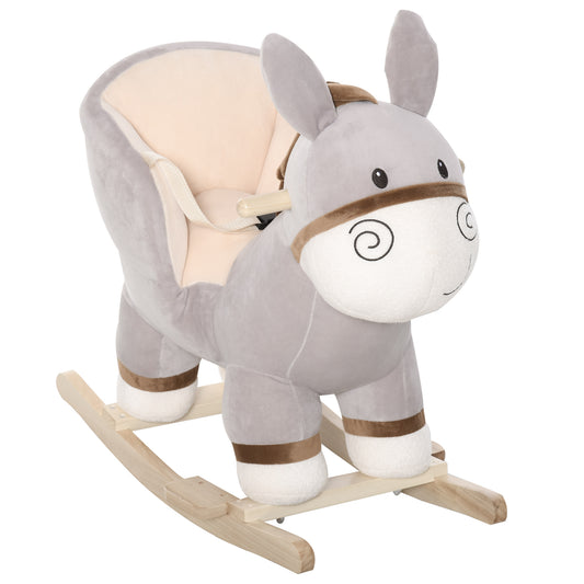 HOMCOM Kids Children Rocking Horse Plush Ride On Donkey Seat w/ Sound Wood Base Seat Safety Belt Toddler Baby Toy Rocker Grey 18 - 36 Months