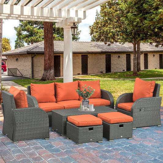 Outsunny Six-piece Outdoor Rattan Dining Set, with Reclining Armchairs - Orange
