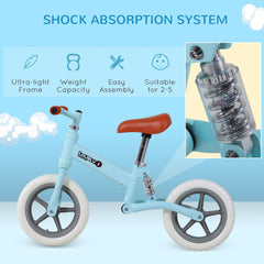 HOMCOM 12" Kids Balance Bike No Pedal Bicycle EVA Tire Adjustable Seat Toddler Training Bike W/ Shock Absorber 2 - 5 Years Gift for Boys Girls Blue