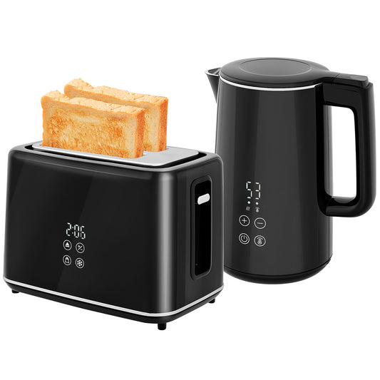 HOMCOM Kettle and Toaster Set, 1.5L 3000W Fast Boil Kettle with Insulation & 2 Slice Toaster Kitchen Set with 7 Level Browning Controls, Defrost, Reheat and Crumb Tray, Black