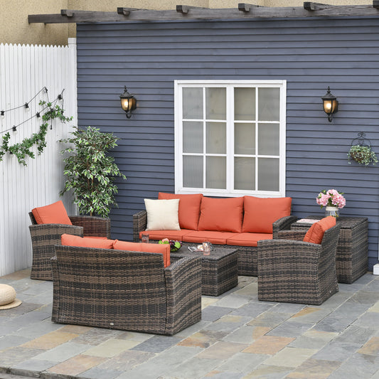 Outsunny 6 Pieces Rattan Garden Furniture Set, 7 Seater Wicker Outdoor Furniture Set with Storage Tea Table & Side Table, Sectional Garden Sofa Set with Cushions, Orange