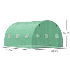 Outsunny Walk-in Polytunnel Greenhouse, Outdoor Garden Tunnel Greenhouse Tent with Zipped Roll-Up Door and 6 Mesh Windows, 4 x 3M