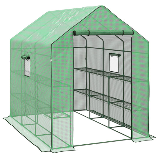 Outsunny Walk-in Greenhouse with 3 Tier 12 Shelves, Small Greenhouse with Reinforced PE Cover, Garden Plant Growhouse with Roll-up Door and Three Mesh Windows, 140 x 213 x 190 cm, Green