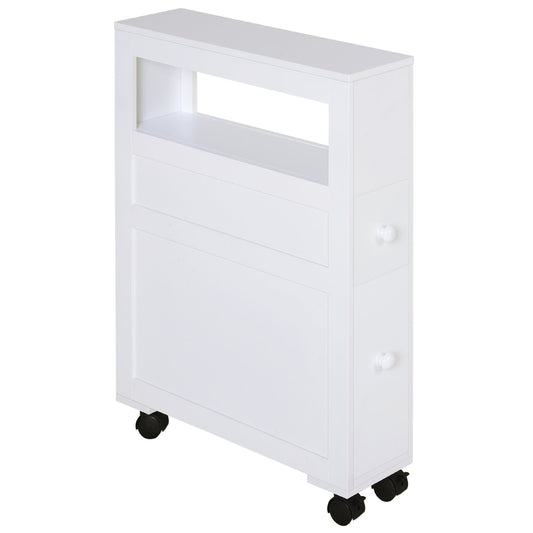 HOMCOM 72x16cm Narrow Bathroom Storage Unit w/ 2 Drawers Open Top 4 Wheels Slimline Modern Rolling Home Organisation