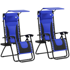 Outsunny Zero Gravity Lounger Chair Set of 2, Folding Reclining Patio Chair with Shade Cover, Cup Holder, Soft Cushion and Headrest for Poolside, Camping, Blue