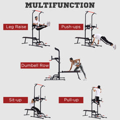 HOMCOM Multifunction Power Tower Home Workout Dip Station w/ Sit-up Bench Push-up Bars and Tension Ropes Fitness Equipment Office Gym Training