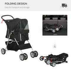 PawHut Pet Travel Stroller with Rain Cover, 4 Wheels Foldable Travel Carriage with Wheels Zipper Entry Cup Holder Storage Basket Black