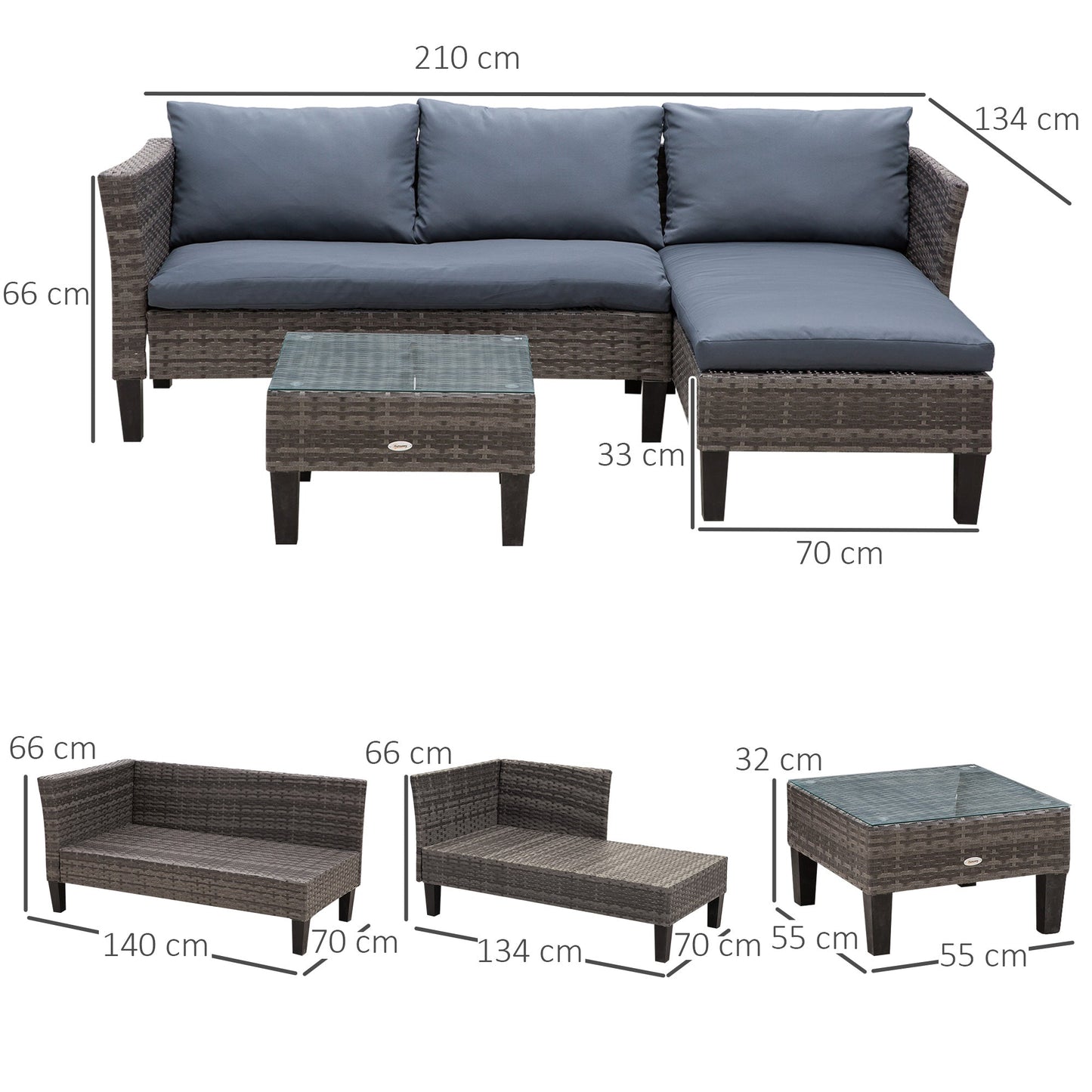 Outsunny 3 Pcs Garden Sofa PE Rattan Set w/ 2 Seats Square Glass Top Coffee Table Thick Cushions Solid Legs Metal Frame Patio Outdoor Balcony Patio L Corner Shape - Grey