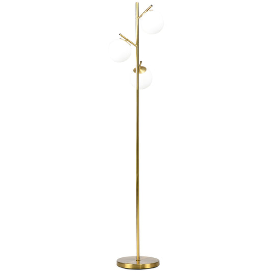 HOMCOM 3-Light Tree Floor Lamps for Living Room, Modern Standing Lamp for Bedroom with Globe Lampshade, Steel Base, Bulb not Included, Gold Tone