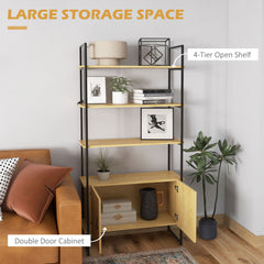 HOMCOM Bookcase 4-Tier Storage Shelf with Double Door Cabinet and Metal Frame for Living Room, Bedroom, Oak Tone