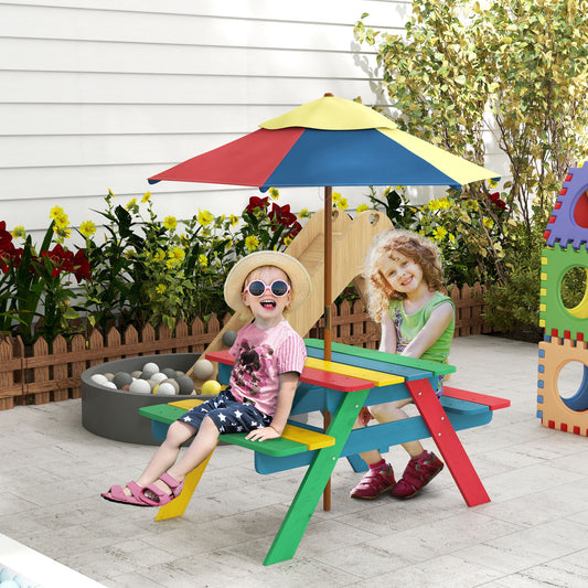 Outsunny Wooden Kids Table and Chair Set with Removable Parasol, for Ages 3-6 Years - Multicoloured