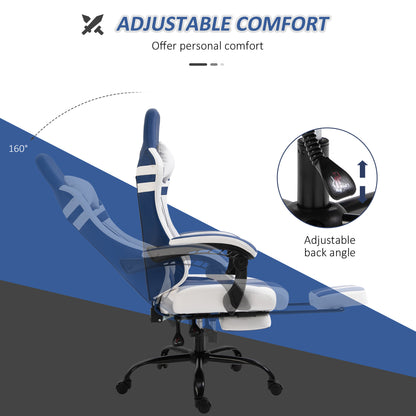 Vinsetto PU Leather Gaming Chair with Headrest, Footrest, Wheels, Adjustable Height, Racing Gamer Chair, Blue White