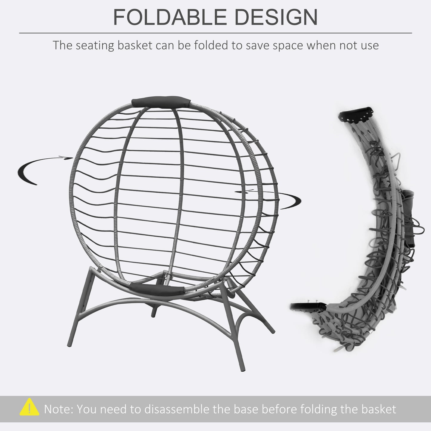 Outsunny Folding Rattan Egg Chair, Freestanding Basket Chair with Cushion, Bottle Holder Bag for Outdoor or Indoor, Grey