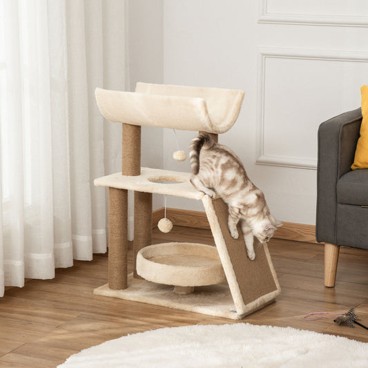 PawHut Cat Tree Tower, with Scratching Posts, Pad, Bed, Perch, Toy Ball - Light Brown