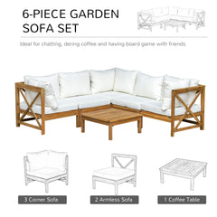 Outsunny 6 PCS Elegant Wood Frame Outdoor Patio Dining Set w/ Cushions Coffee Table Garden Furniture Sofa Comfort Balcony Patio Cream White