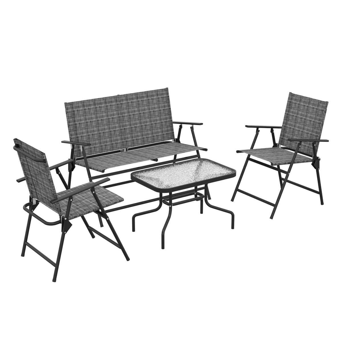 Outsunny Outdoor√Ç 4 Pieces Patio Furniture Set with Breathable Mesh Fabric√Ç Seat & Backrest,√Ç Garden Set with Two Foldable Armchairs, a Loveseat &√Ç Glass√Ç Top√Ç Table, Mixed Grey