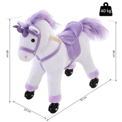 HOMCOM Kids Rocking Horse Plush Ride on Walking Unicorn Horse w/Realistic Sound Ride On Rocker with Handlebar for Age 3+ Purple