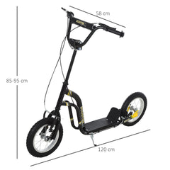 HOMCOM Teen Kids Stunt Scooter w/ Adjustable Handlebar, 12 Inch Rubber Tyres, Dual Brakes, Black