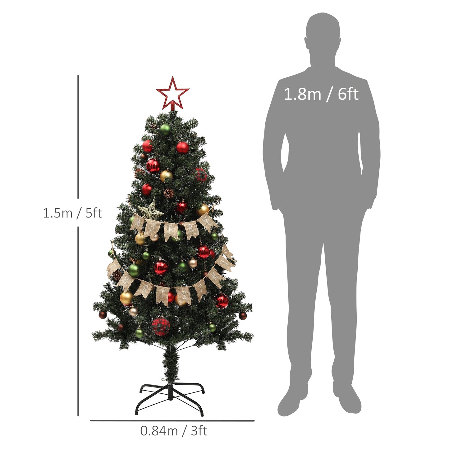 HOMCOM 5ft Pre-Lit Xmas Tree with Decorations, Green, Red and Warm White