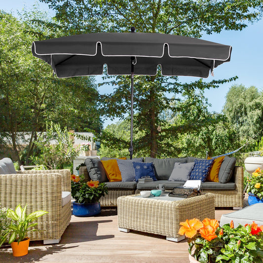 Outsunny Garden Parasol Umbrella, Outdoor Market Table Umbrella with Ruffles & Aluminium Pole, Rectangular Tilting Parasol Sun Shade Canopy, 2 x 1.3m, Grey