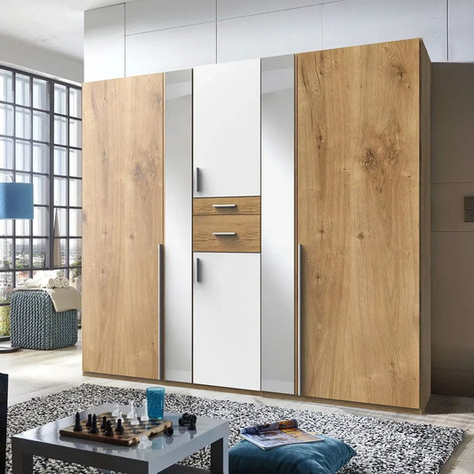 ODENSE 5 Door Wardrobe White and Planked Oak 225cm