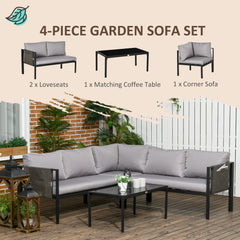 Outsunny 4 Piece Metal Garden Furniture Set with Tempered Glass Coffee Table, Breathable Mesh Pocket, Outdoor Conversational Corner Sofa Loveseat with Padded Cushions, Light Grey