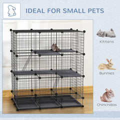 PawHut 3 Level DIY Pet Playpen Metal Small Animal Cage Rabbit Ferret Chinchillas Cage 4 Doors Bottom Trays Black