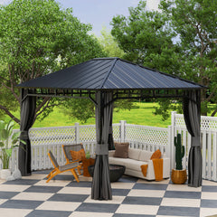 Outsunny 3 x 4m Hardtop Gazebo with Galvanised Steel Roof and Water Gutter, Waterproof Permanent Pavilion Garden Gazebo with Netting and Curtains for Patio, Deck