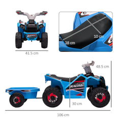 HOMCOM 6V Quad Bike with Back Trailer, Wear-Resistant Wheels, for Ages 18-36 Months, Blue