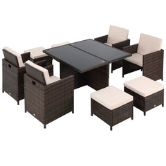 Outsunny 8 Seater Rattan Cube Garden Furniture Set, Rattan Dining Set with Cushions, Outdoor Dining Table and Chairs with 4 Armchairs, 4 Stools, Square Glass Top Table for Patio, Balcony, Brown