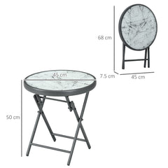 Outsunny 45cm Garden Side Table, Outdoor Round Folding Patio Table with Imitation Marble Glass Top, Small Coffee Table, White