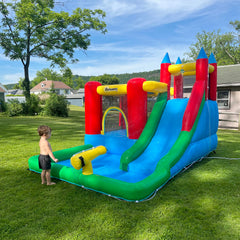 Outsunny Kids Inflatable Bouncy Castle Water Slide 6 in 1 Bounce House Jumping Castle Water Pool Gun Climbing Wall Basketball Hoop with Air Blower for Summer Playland