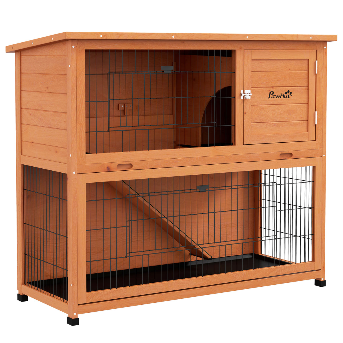 PawHut Two-Tier Antiseptic Wood Rabbit Hutch, 102cm Guinea Pig Hutch with Run - Orange