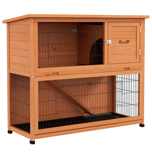 PawHut Two-Tier Antiseptic Wood Rabbit Hutch, 102cm Guinea Pig Hutch with Run - Orange