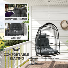 Outsunny Hanging Egg Chair Outdoor Indoor Rattan Swing Chair with Installation Kit, Foldable Garden Hanging Seat with Thickened Cushion, Headrest, Dark Grey