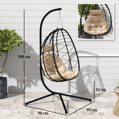 Outsunny Hanging Egg Chair Outdoor Indoor Garden Swing Chair with Folding Basket, Thickened Cushion, Garden Hanging Chair with Stand, Headrest for Patio, Balcony, Khaki