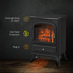 HOMCOM Freestanding Electric Fireplace Indoor Heater Glass View Log Wood Burning Effect Flame Portable Fireplace Stove 950/1850W Black