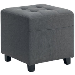 HOMCOM Square Footstool, Small Ottoman with Side Pocket, Linen Fabric Footrest Foot Stool with Rubber Wood Legs and Padded Seat for Living Room, Bedroom, Entryway, 35 x 35 x 35cm, Grey