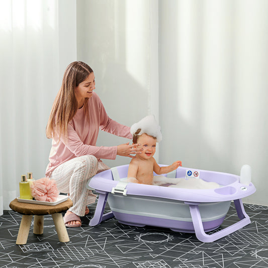 ZONEKIZ Foldable Baby Bathtub, with Non-Slip Support Legs, Cushion Pad, Shower Holder - Purple