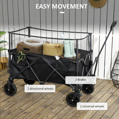 Outsunny Folding Garden Trolley, 180L Wagon Cart with Extendable Side Walls, for Beach, Camping, Festival, Black