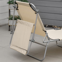 Outsunny Outdoor Foldable Sun Lounger, 4 Level Adjustable Backrest Reclining Sun Lounger Chair with Angle Adjust Sun Shade Awning for Beach, Garden, Patio, Beige