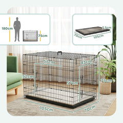 PawHut Foldable Dog Crate with 2 Doors with Tray, Soft Cushion, for Extra and Large Dogs, 105 x 70 x 75, Black