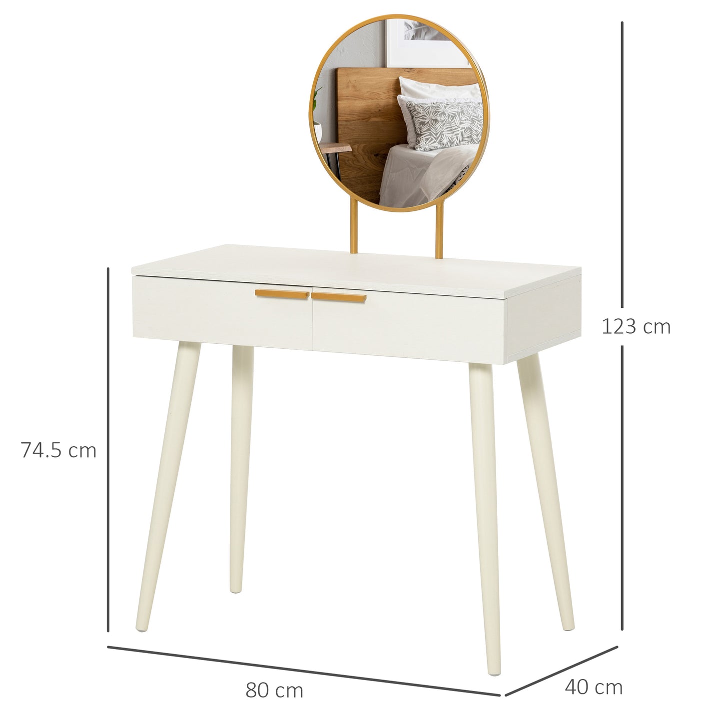 HOMCOM Modern Dressing Table with Round Mirror, Makeup Vanity Table with 2 Drawers for Bedroom, Living Room, White