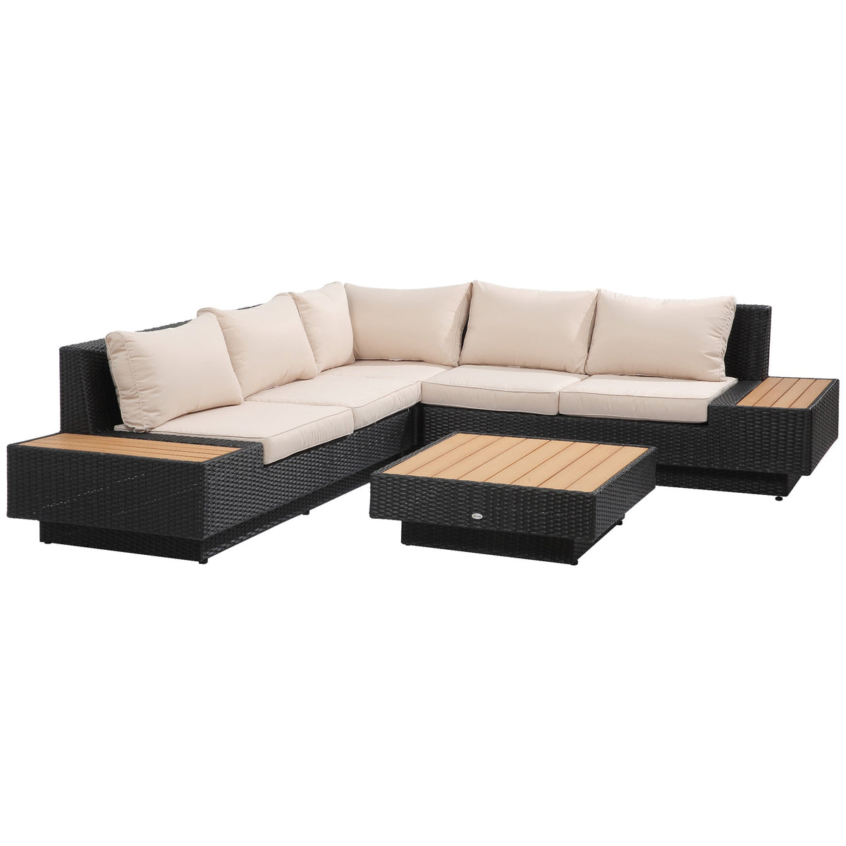 Outsunny 4 PCs Rattan Garden Furniture Outdoor Sectional Corner Sofa and Coffee Table Set Conservatory Wicker Weave Furniture with Armrest and Cushions - Black