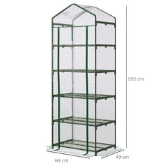 Outsunny 5 Tier Mini Greenhouse, Portable Greenhouse with Reinforced Plastic Cover, Garden Grow House with Roll Up Door and Shelves, 69 x 49 x 193cm, Green