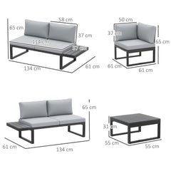 Outsunny 4 Pieces Patio Garden Set with 5-Level Recline Corner Sofa, Outdoor Garden Lounge Sectional Conversation Sofa Set with Cushions, Wood Grain Plastic Table, Black Frame Light Grey Cushion