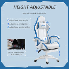 Vinsetto Computer Gaming Chair, PU Leather Desk Chair with Footrest, Swivel Task Chair with 135√Ç¬∞ Reclining Back and Lumbar Support, PC Chair for Adults, White and Blue