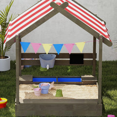 Outsunny House-Designed Wooden Sandbox, Outdoor Sandpit, with Blackboard, Toys, Sink, Seats, Flags, for Ages 3-7 Years - Grey