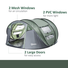 Outsunny 4-5 Person Pop-up Camping Tent Family Tent w/ 2 Mesh Windows & PVC Windows Portable Carry Bag for Outdoor Trip, Dark Green