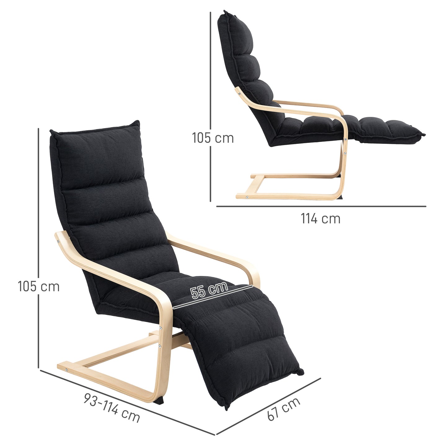HOMCOM Curved Wooden Accent Chair, with Adjustable Footrest - Black